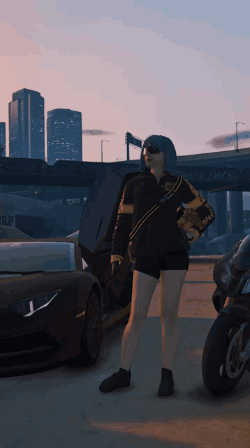 a woman stands next to a motorcycle and a car with the word ups on the side