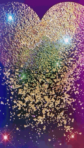 a purple background with a heart made of gold hearts