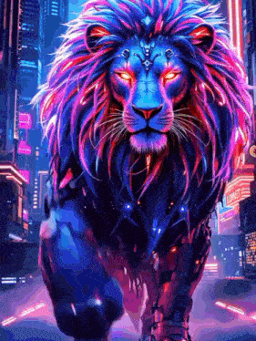 a colorful lion is walking down a street in front of a lowett sign