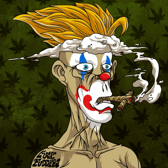 a cartoon drawing of a clown with a tattoo that says ' suck buddies ' on it