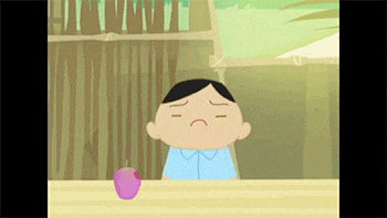 a cartoon of a boy sitting at a table with a pink apple in front of him .
