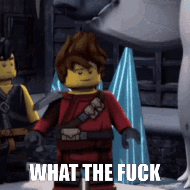 a lego ninjago character is standing in front of a dragon and says what the fuck .