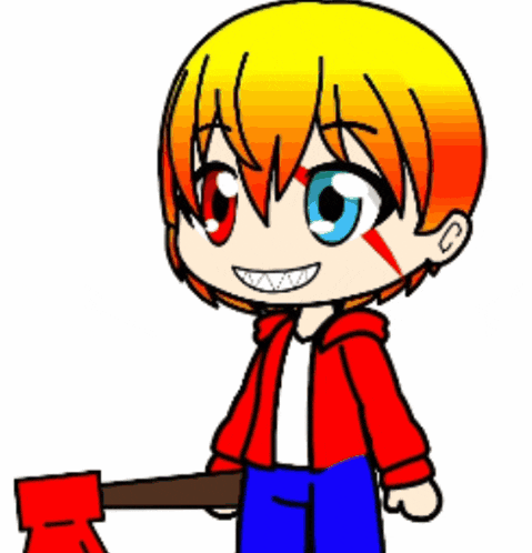 a cartoon of a boy holding an axe and smiling .