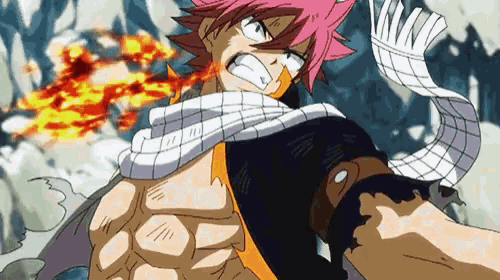 a cartoon character with pink hair and a scarf around his neck is standing in front of a fire