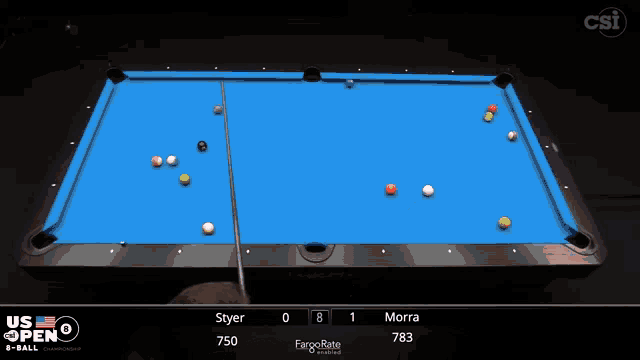 a pool game is being played with a score of 0 to 1
