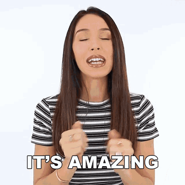 a woman in a black and white striped shirt says it 's amazing
