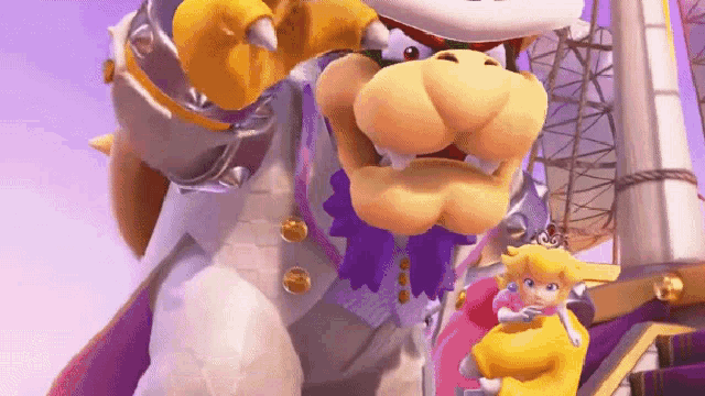 bowser and princess peach are standing next to each other in a video game and bowser is holding princess peach .