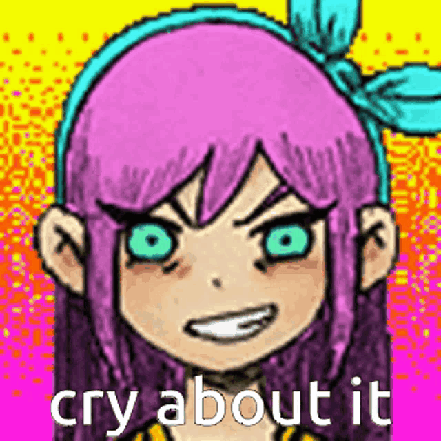 a pixel art drawing of a girl with pink hair and blue eyes .