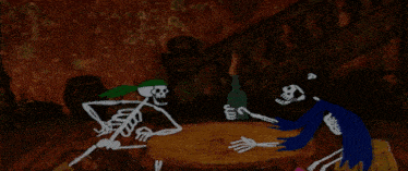 two skeletons are sitting at a table with a bottle in their hand