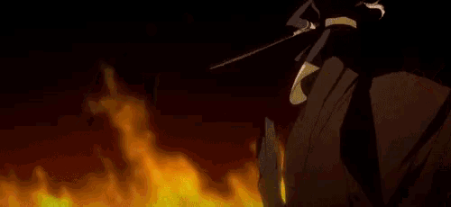 a cartoon character is standing in front of a fire .