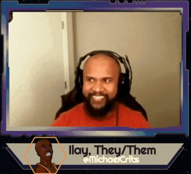 a man wearing headphones is on a screen that says ilay they them @michaelcrits