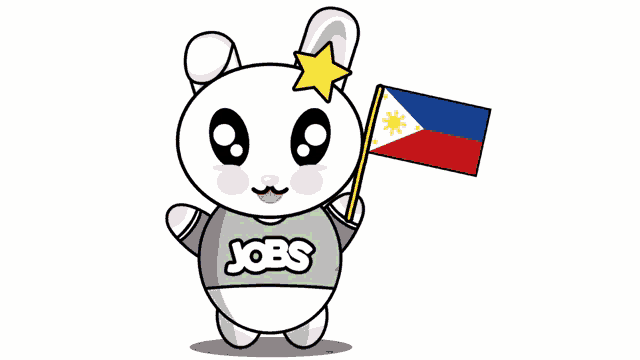 a cartoon rabbit wearing a jobs shirt holding a flag