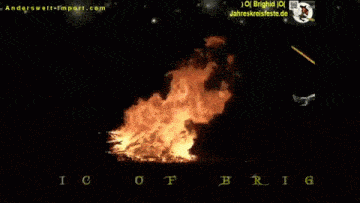 a picture of a witch flying over a fire with the words a gic of bright