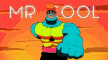 a cartoon character named mr cool stands in front of an orange sky