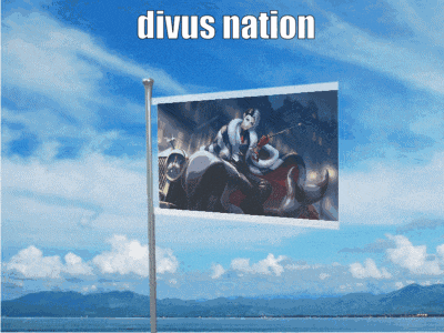a divus nation flag with a picture of a woman riding a rhino