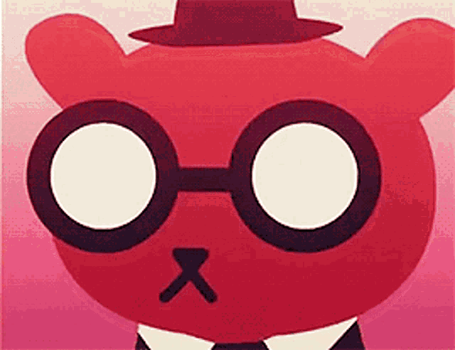 a red bear wearing glasses and a hat has a x in his mouth