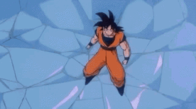 a cartoon character is standing in front of a wall of ice and water .