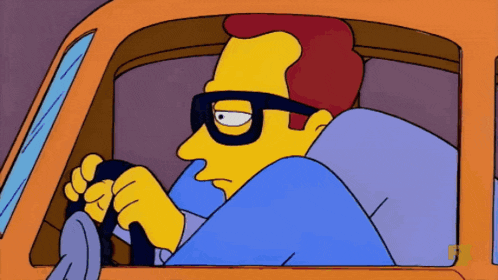 a cartoon of a man driving a car with the letter s on the bottom right