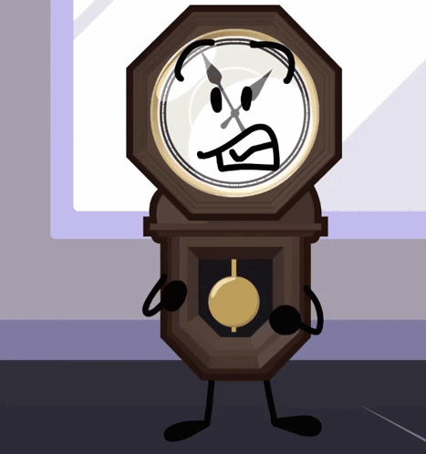 a cartoon clock with a face and arms and legs is standing in front of a window