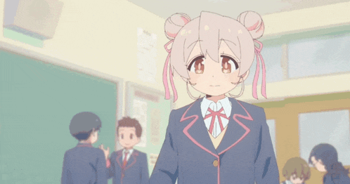 a cartoon girl in a school uniform is pointing up