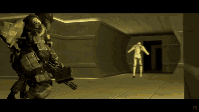 a soldier in a video game is looking at a robot