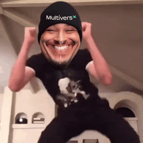a man wearing a black beanie with the word multivers on it
