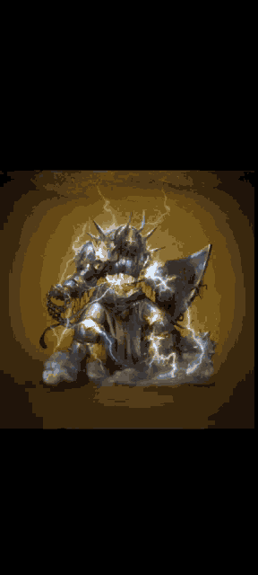 a statue of a knight with a shield and a lightning bolt behind him