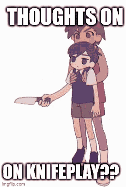 a cartoon of a boy holding a knife with the words thoughts on on knifeplay