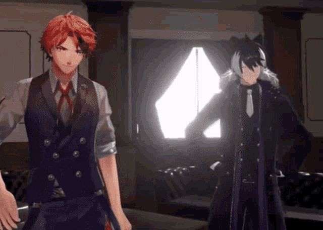 two anime characters standing next to each other in a room