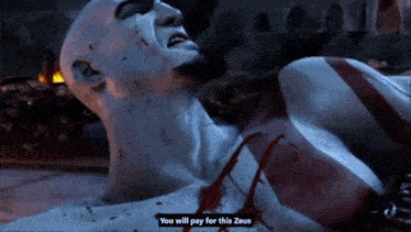 a video game character is laying on the ground with blood coming out of his chest and the words " you will pay for this zeus " above him