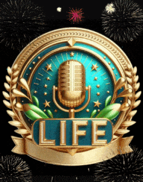 a gold medal with a microphone and the word life on it
