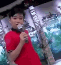 a young boy in a red shirt is holding a microphone in his hand .