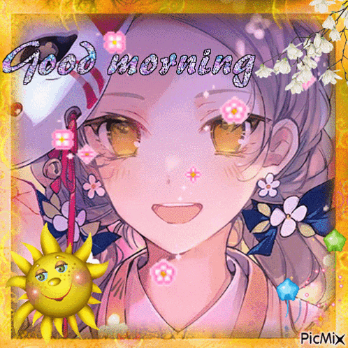 a picture of a girl with flowers and the words good morning on it