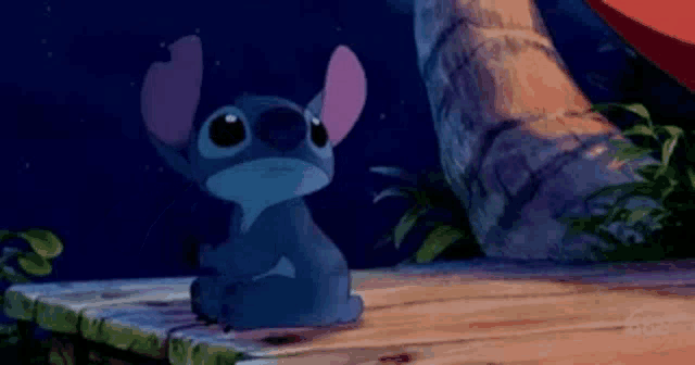 stitch is sitting on a wooden dock at night .