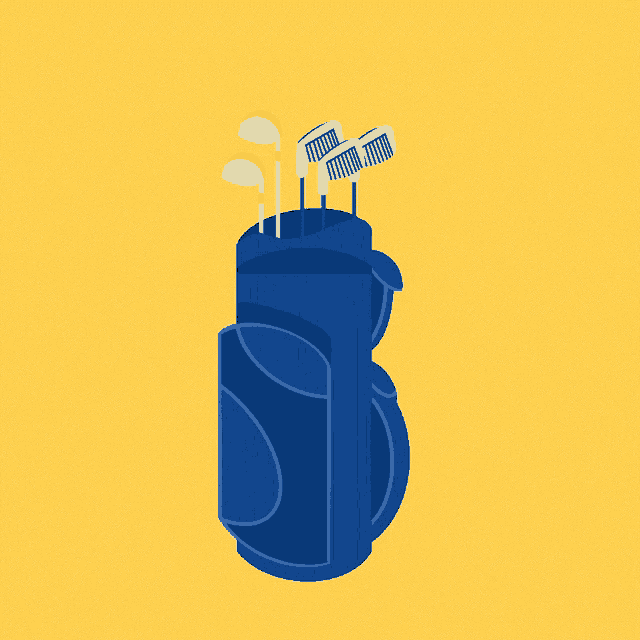 a blue golf bag filled with golf clubs and a ball on a yellow background