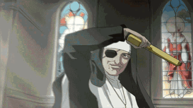 a cartoon of a nun holding a sword in front of a window
