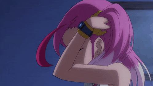 a close up of a pink haired anime character