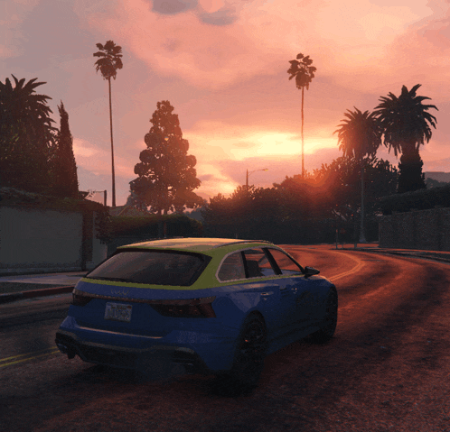 a blue car with a yellow top has a license plate that says ' tn 7055 ' on the back