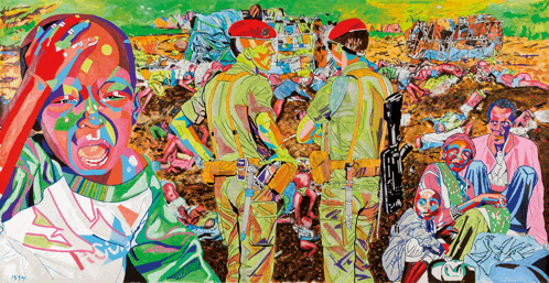 a colorful painting of soldiers and a child with the year 1994 on the bottom