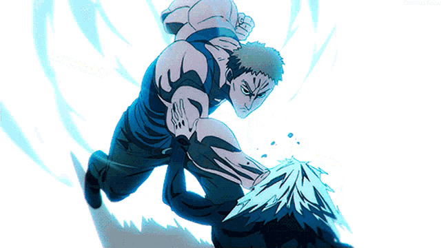 a man with a tattoo on his arm is holding another man 's arm