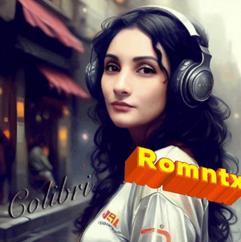 a woman wearing headphones with the name romny on the bottom right