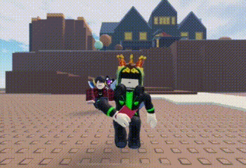a person in a roblox game is standing in front of a large building .