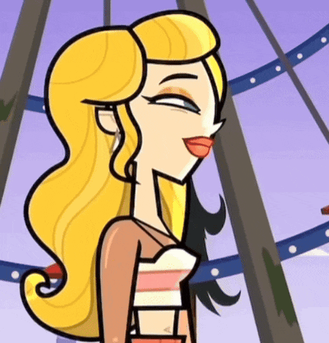 a cartoon girl with blonde hair and red lips is smiling