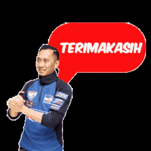 a man with a speech bubble that says terimakasih