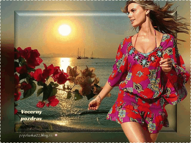 a woman in a red dress is standing in front of a body of water with the words " večerny pozdrav " on the bottom