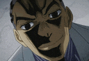 a close up of a cartoon character 's face with a smirk on his face .