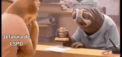 a cartoon sloth sitting at a counter talking to a man
