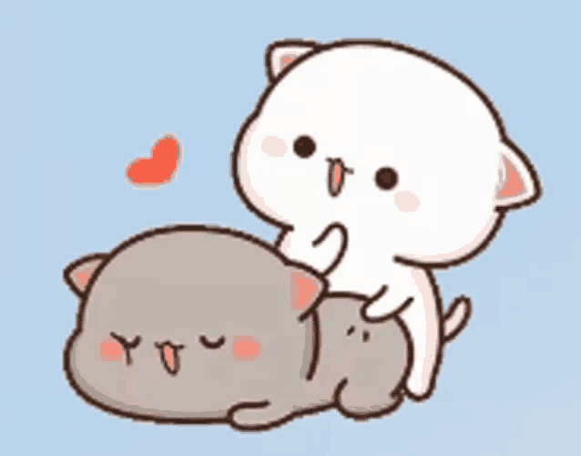 a cartoon of a white cat petting a gray cat .