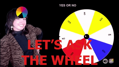 a woman stands in front of a wheel that says yes or no