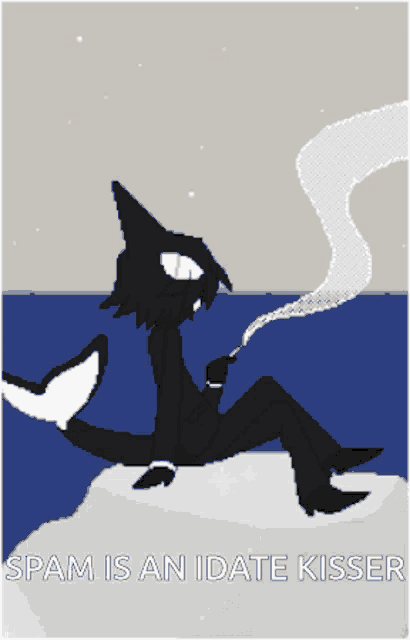 a pixel art drawing of a man smoking a cigarette and the words spam is an imate kisser